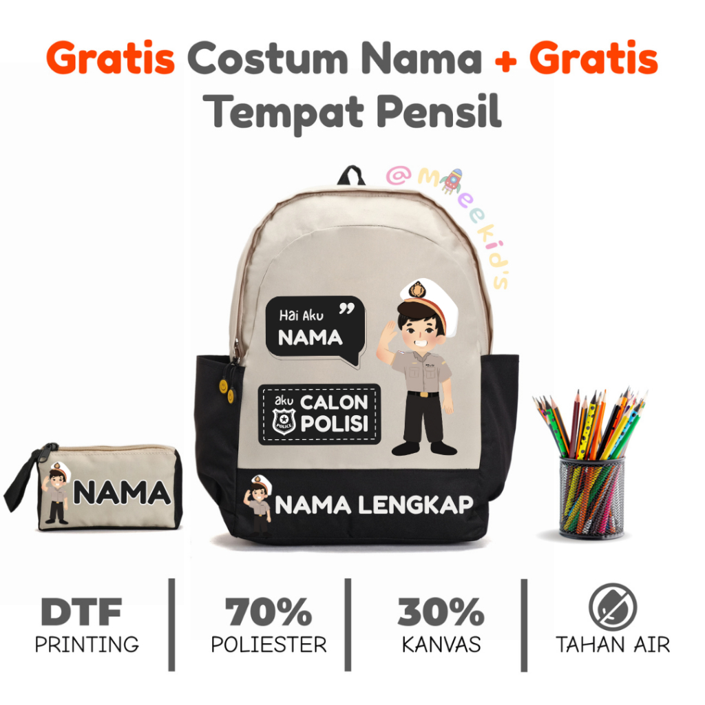 Mieekid's - Tas Ransel Sekolah Karakter Anak Laki-Laki Polisi Bebas Custome