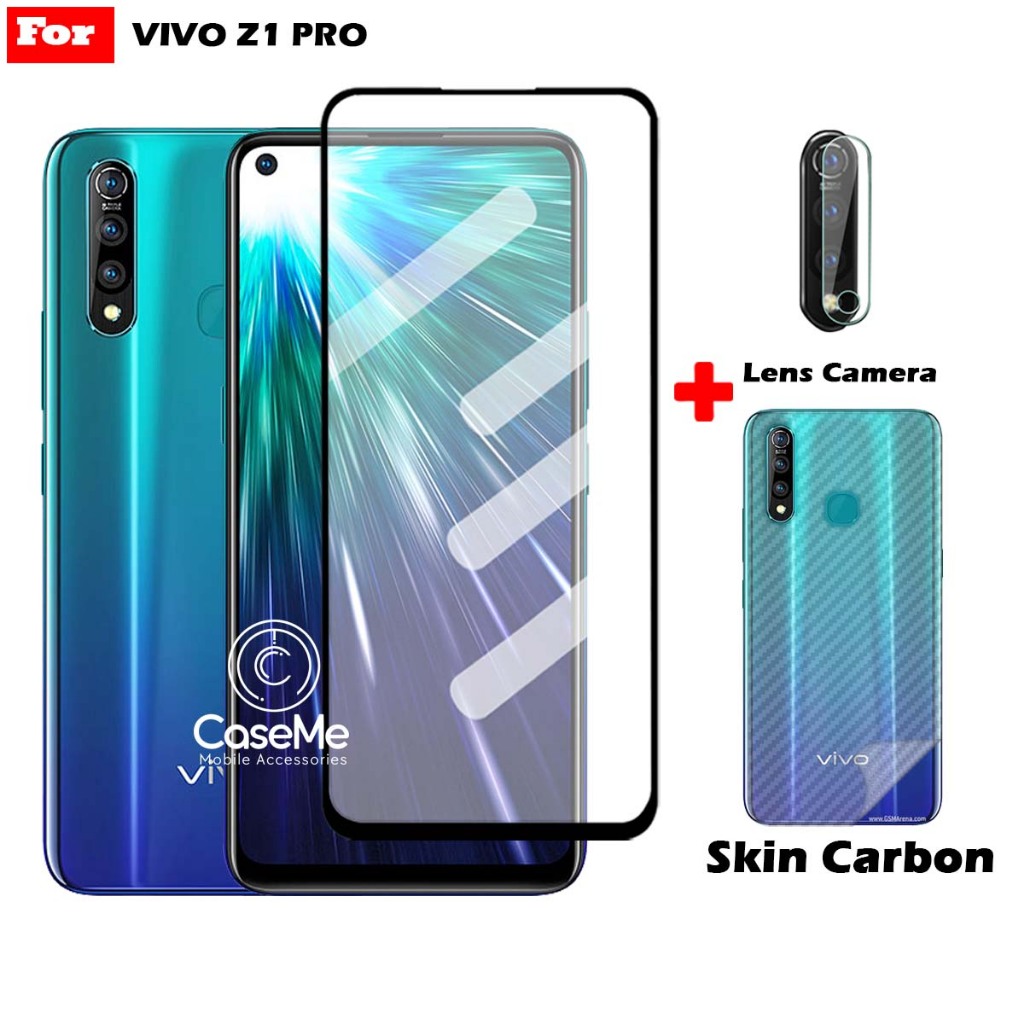 Paket 3in1 Tempered Glass Layar Vivo Z1 Pro Free Anti Gores Camera dan Skin Carbon
