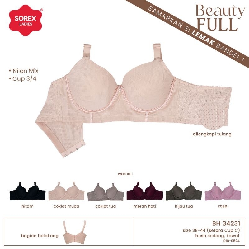Sorex Bra Jumbo 34231(Beauty Full) BH Busa sedang Kawat Kait 4 Cup D 3/4 Besar (38-44)