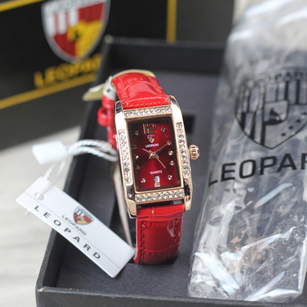 JAm tangan Wanita Leopard 8087 tali kulit kotak mata analog original