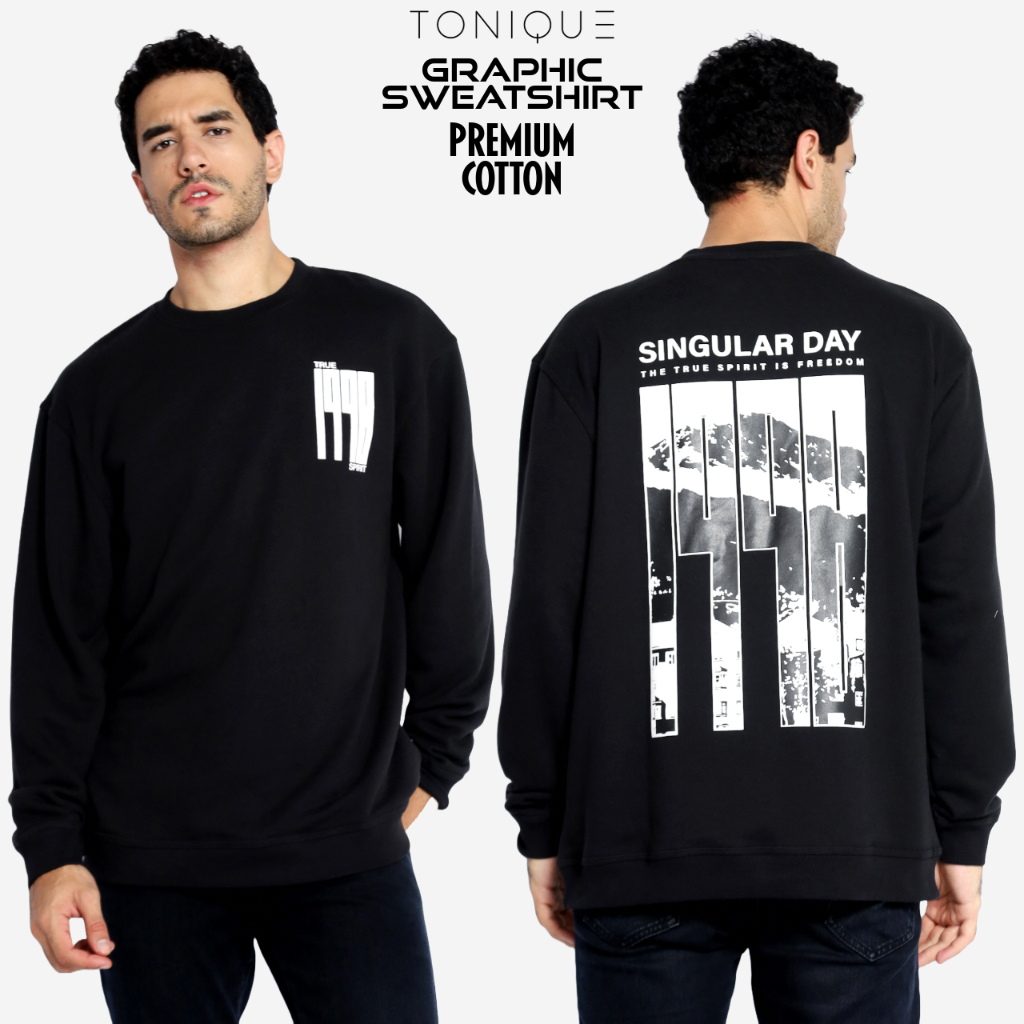 TONIQUE Pria Sweatshirt Katun Hitam Justin Mens Regular Fit Cotton Sweatshirt Black
