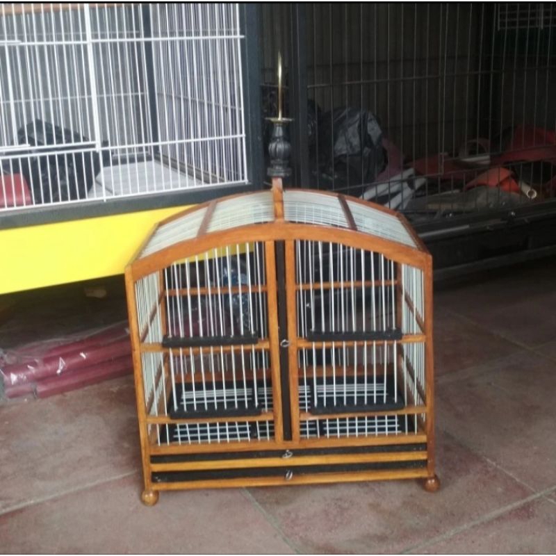 Kandang burung sekat kayu jati jari jari fiber sekat tengah bisa ditarik P 35 cm x L 21 cm x T badan