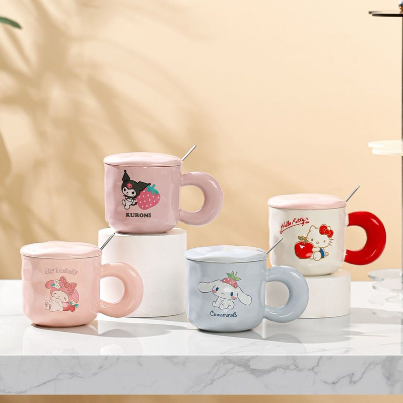 Gelas Mug Keramik Pegangan Tebal Sanrio 400ml dengan Tutup & Sendok | Cangkir Keramik Melody kuromi 