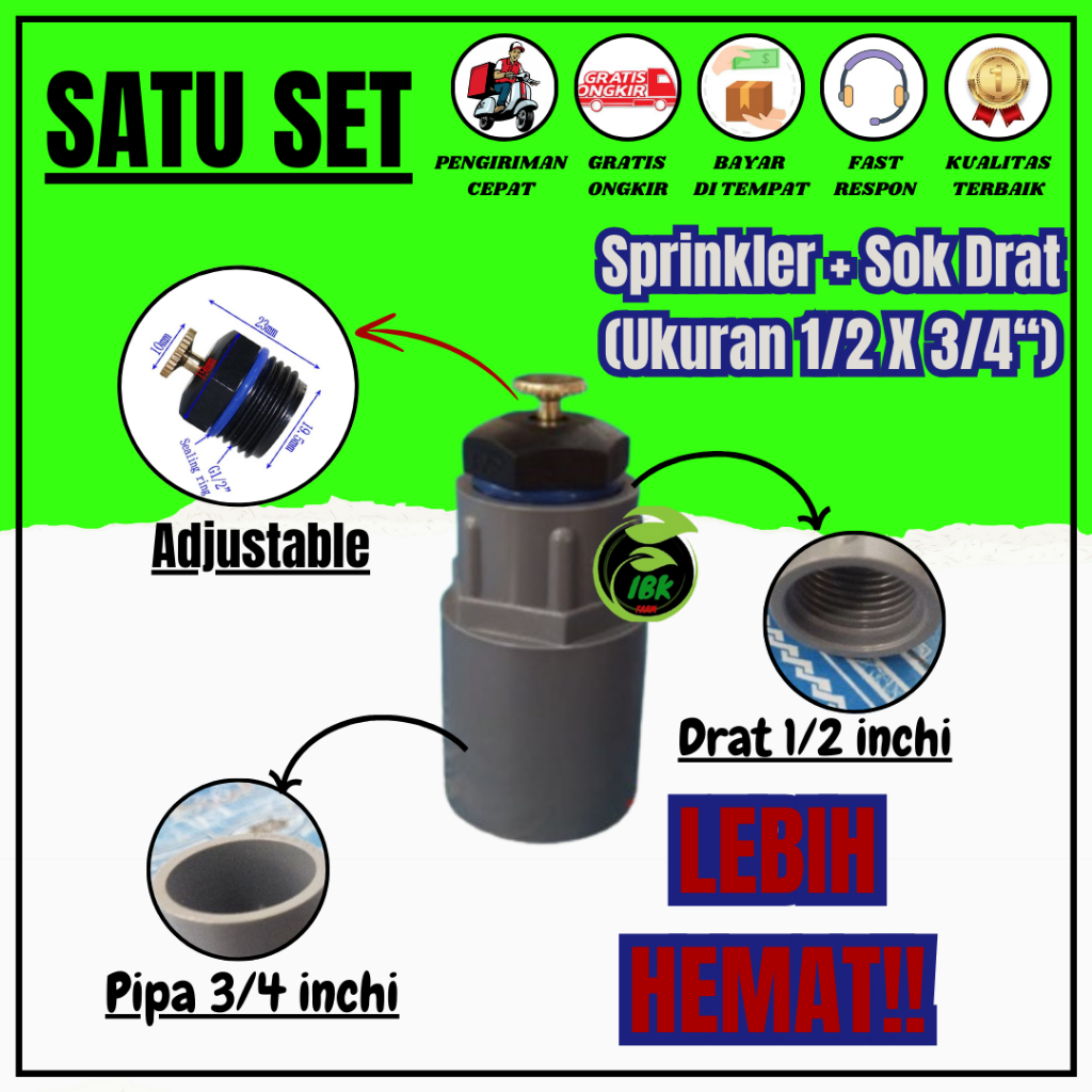 1 Set Sprinkler Pertanian Sprinkler Adjustable + Sok Drat Ukuran 1/2 ×3/4 inchi INBEKEN