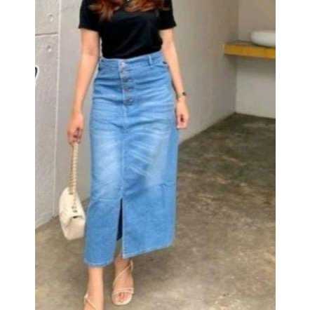 Rok Jeans Whisker 7/8 Denim Skirt Wanita Model Pendek