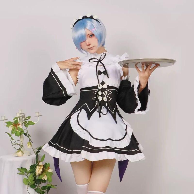 【Rollenz】Ready Ram Rem Re:Zero Cosplay Costume Maid Rezero Fullset Wig Anime Kostum Dress