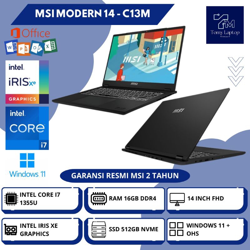 LAPTOP BARU MSI MODERN 14/ INTEL CORE I7-1355U/ RAM 16GB DDR4/ SSD 512GB NVME/ 14INCH FHD - C13M