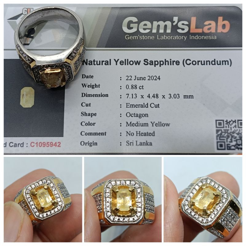 Natural Yellow sapphire Ceylon No Heat 0,88 ct memo GLI ring Perak Mewah tebal