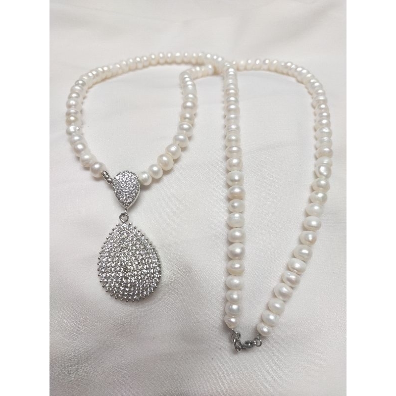 Kalung Panjang Mutiara Air Tawar Putih Liontin Permata Mewah | Mutiara Lombok | Rodium