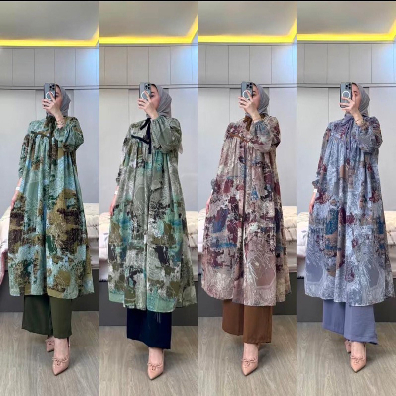 one set long tunik stelan ceruty wanita dewasa kekinian abstrak terbaru terlaris motif premium