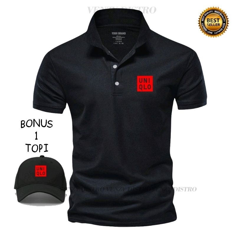 Bonus Topi  Baju Polo Kerah Uniqlo Text Merah Kaos Polo T Shirt Denim Premium Quality Atasan Pria Wa
