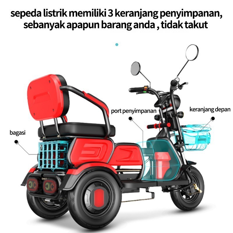 Sepeda roda tiga listrik / Sepeda motor roda 3 / skuter untuk lansia - Merah