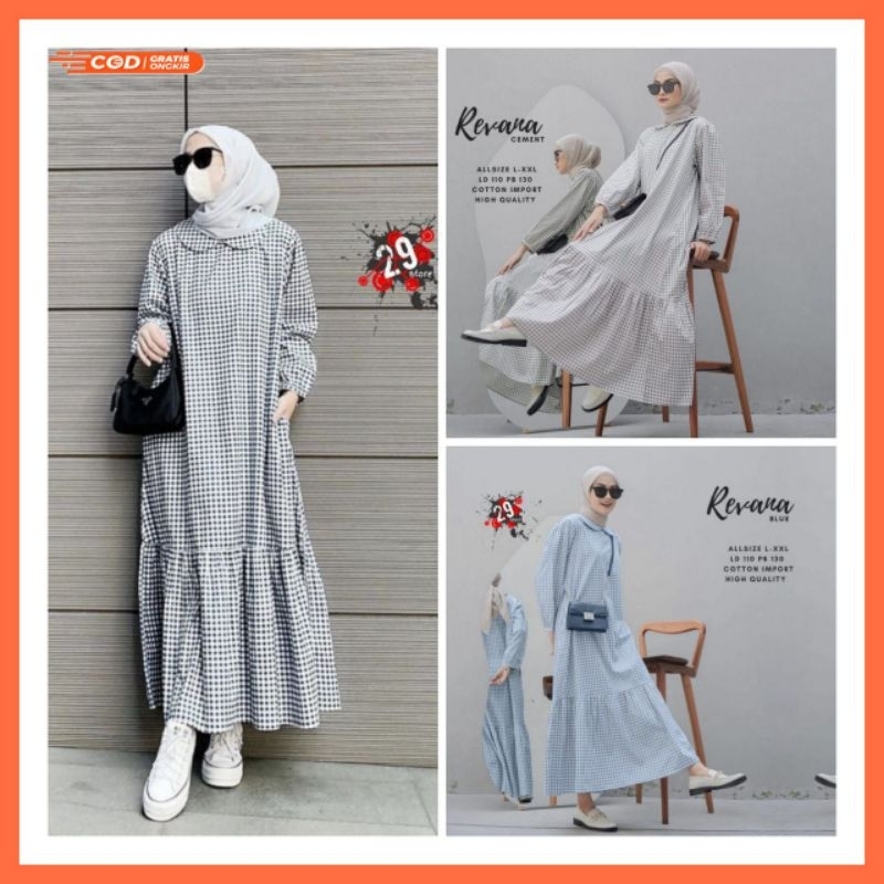 Midi Dress Muslim Terbaru Katun Triset Premium Motif Kotak-Kotak Revana Midi Dress