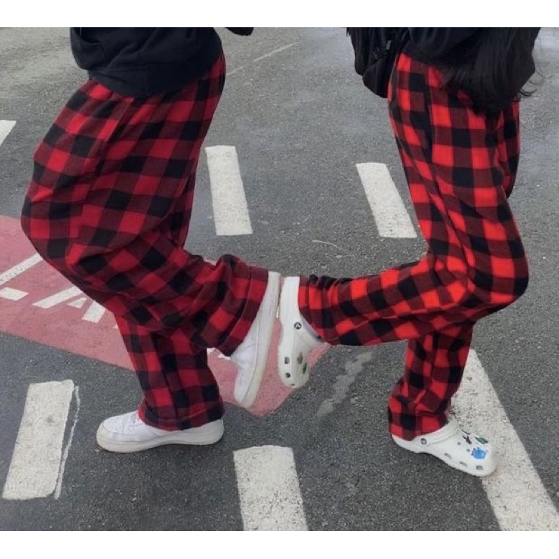 Long Pants Tartan Couple Celana Panjang Tartan Flanel Celana Kotak kotak Merah Couple Goals Pria Wan