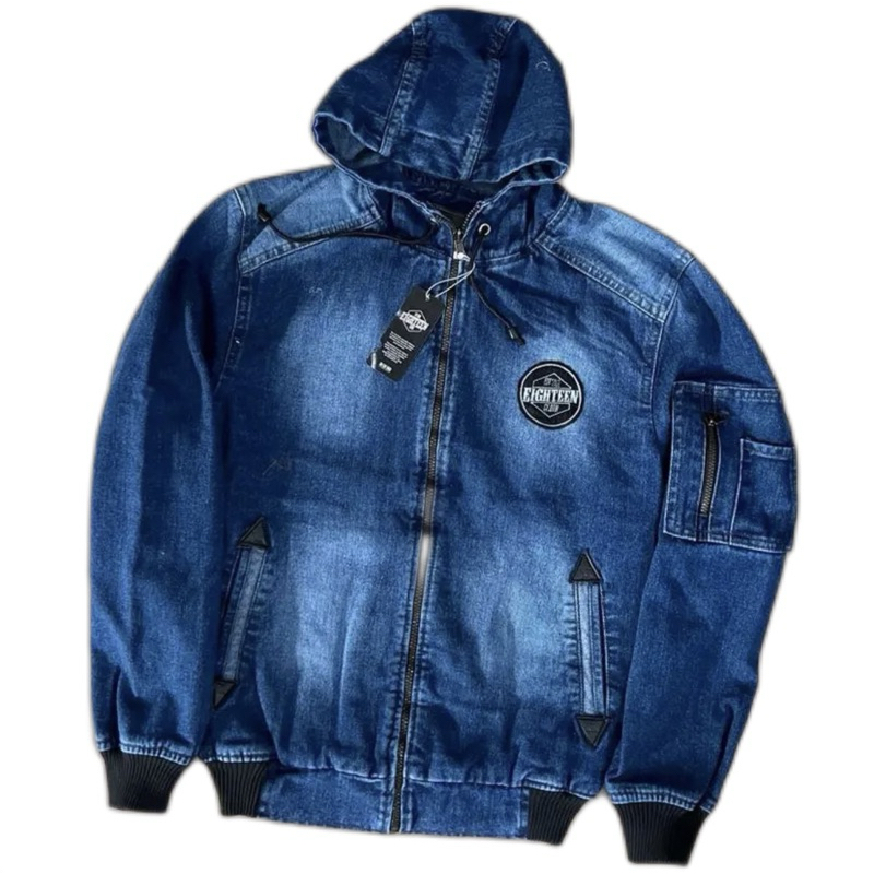 JACKET JEANS BOMBER DENIM RESELLETING ATASAN PRIA JEANS COWOK KUPLUK EMBELEM COD