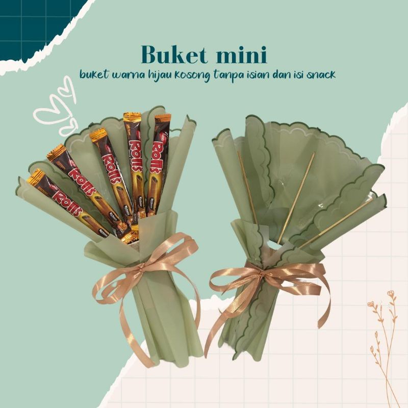 

BUKET MINI KOSONG DAN ISI SNACK KERTAS HIJAU