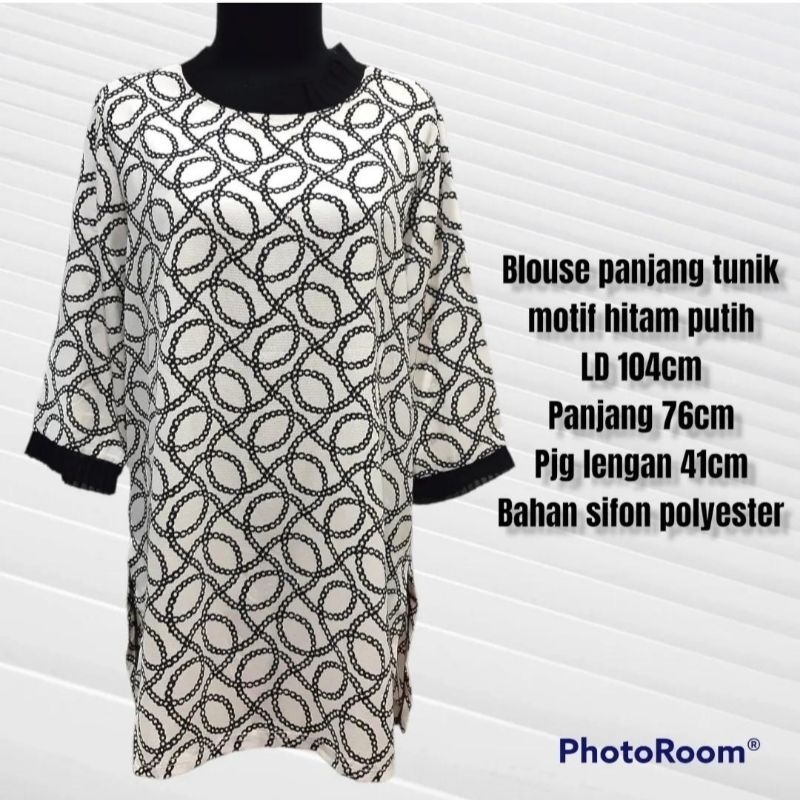 Blouse panjang wanita tunik motif hitam putih