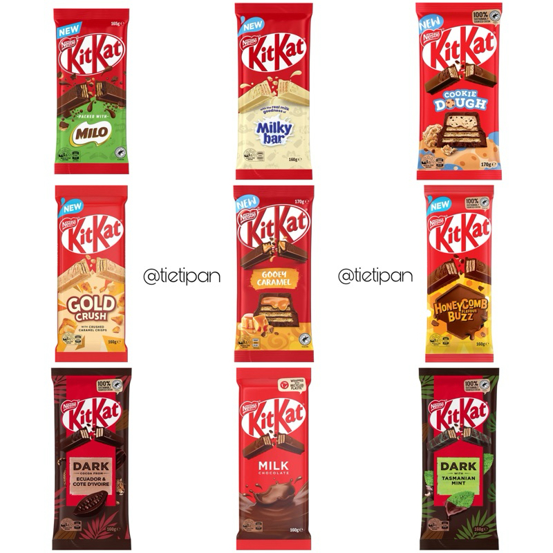 

KITKAT MILO COOKIE DOUGH MILKY BAR HONEYCOMB CARAMEL GOLD DARK MINT 165gr IMPORT AUSTRALIA