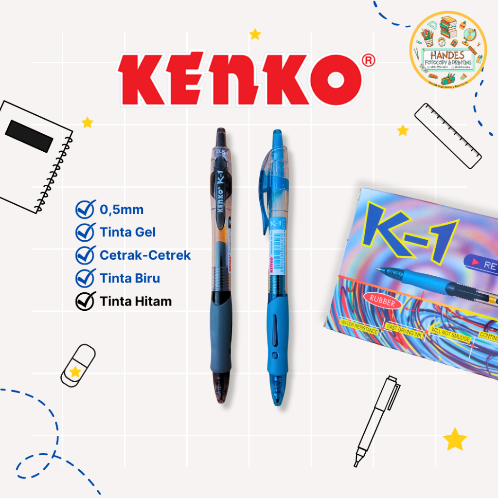 

Pulpen Gel Kenko K1 0.5mm Biru & Hitam / Harga Satuan