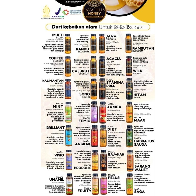 

Madu Java Hills Honey - Madu Murni Coffe Multiflora Kalimantan Randu Rambutan Cajuput Sonokeling Javatrigona