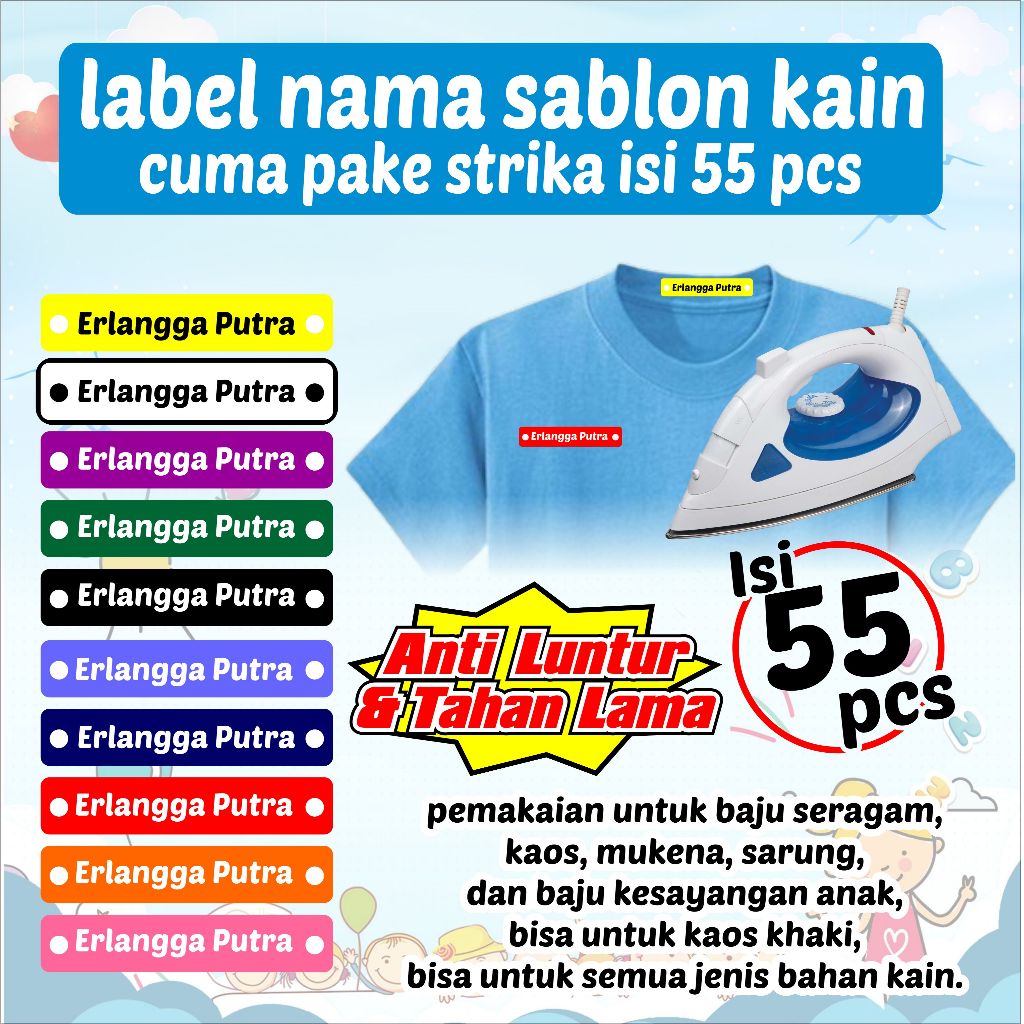 

Sticker Nama Label Printing Kain / kaos Sablon Setrika Isi 55pcs Gratis Custom Nama