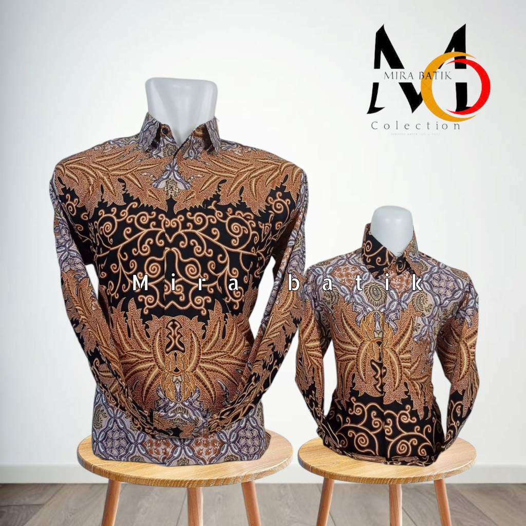 batik couple ayah anak gold mewah / kemeja batik anak warna gold premium mira batik