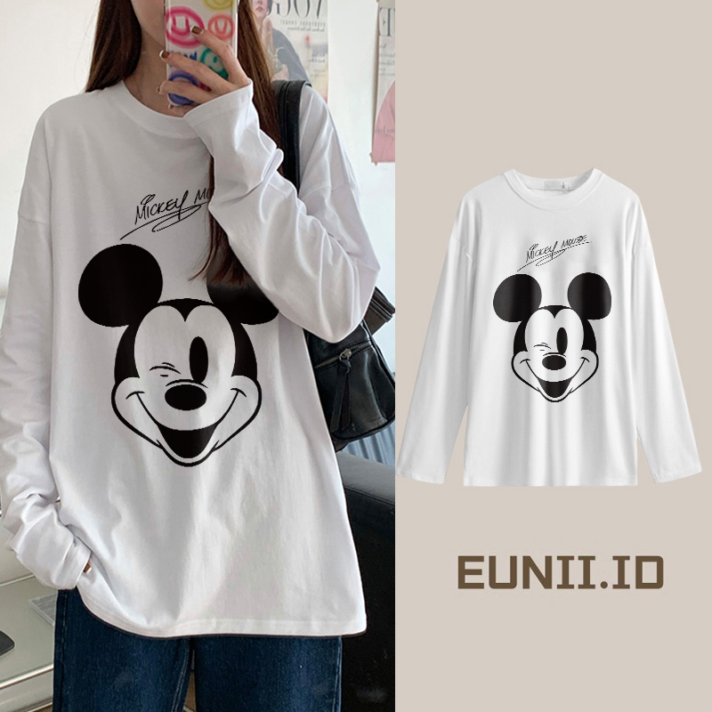 EUNII Korean Style Kaos Oversize Lengan Panjang Wanita  |Pola Disney Mickey Mouse|/ Baju Kaos Lengan