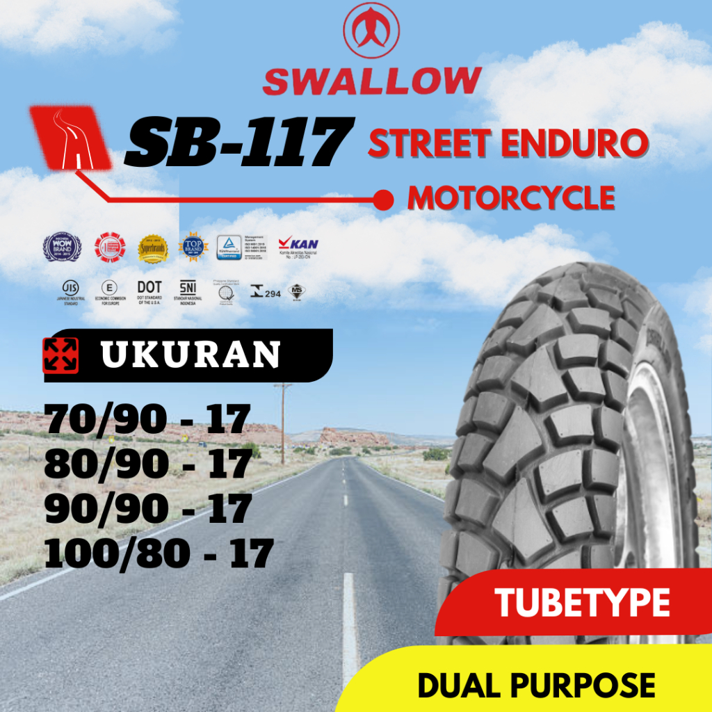 Ban Motor Swallow SB-117 Street Enduro Ukuran 70/90 80/90 90/90 100/80 Ring 17 Tubetype Ban Dual Pur