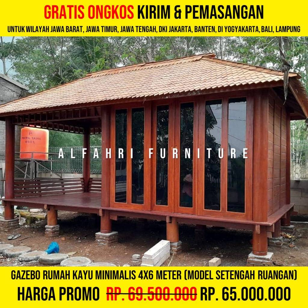 Gazebo Kayu Minimalis Custom Dinding Kaca 4x6 Meter | Saung Gasebo Rumah Kayu Mushola Taman Atap Sir
