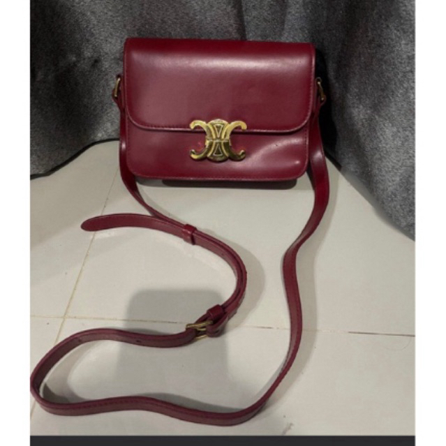 Preloved Tas celine teen triomphe shiny calfskin red kulit asli