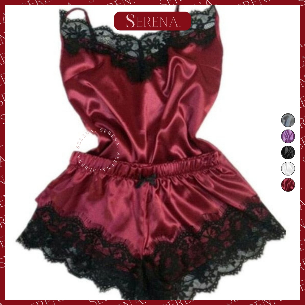 Serena. | LS002 Lingerie Sexy Satin Silk Set Renda Baju Tidur | Sexy Satin Silk Lingerie Set Lace Sl