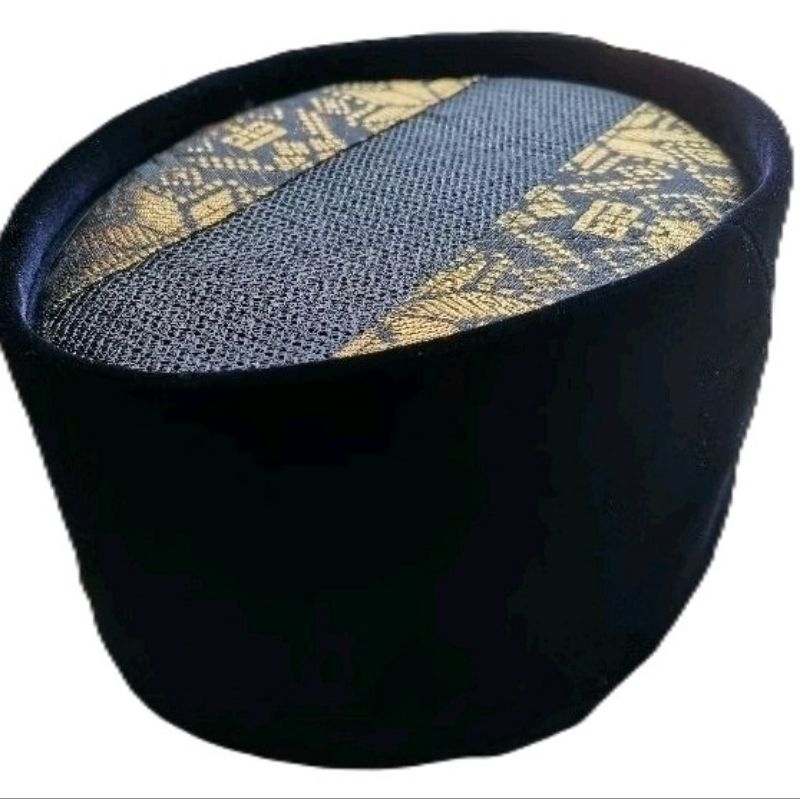 Songkok Peci Bludru Hitam Ac tengah Motif Kain Songket Emas Tinggi 7cm-10cm