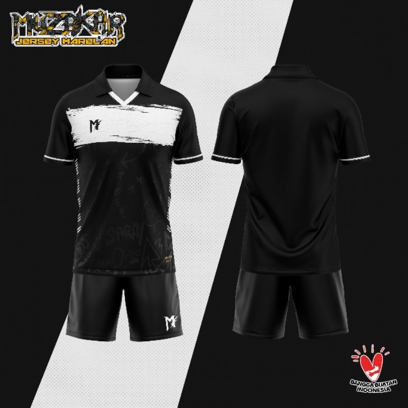 Baju Futsal Setelan Stelan Jersey Bola Black Hitam Berkerah, Bisa Sablon