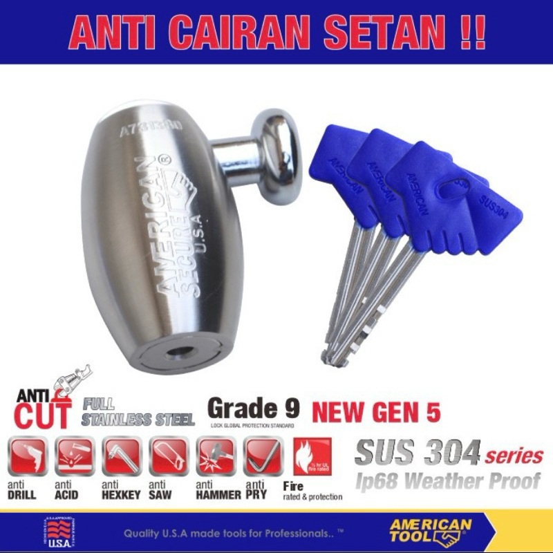 American Secure Kunci Cakram Motor Gembok Cakram Anti Maling Piringan