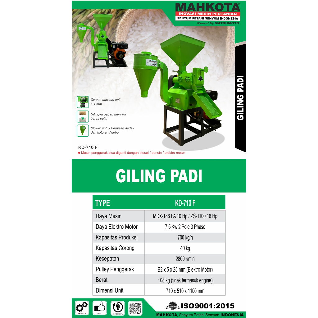 MAHKOTA MESIN GILING PADI / RICE MILL KD-710 F KAPASITAS BESAR ORIGINAL BERGARANSI