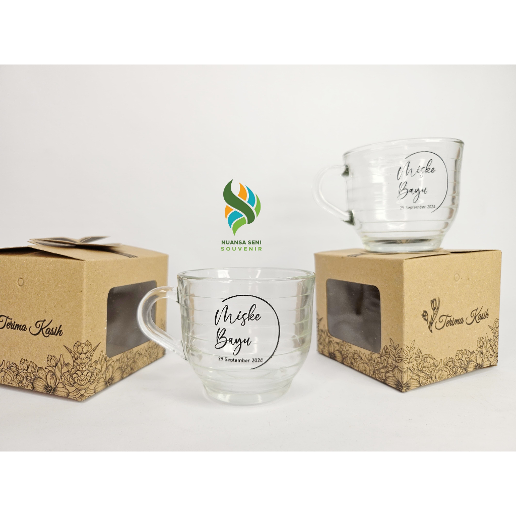 Souvenir Gelas Cangkir Teh Gagang Kaca Mini 160ml Mug Minum Kopi Beling Sablon Kemas Box