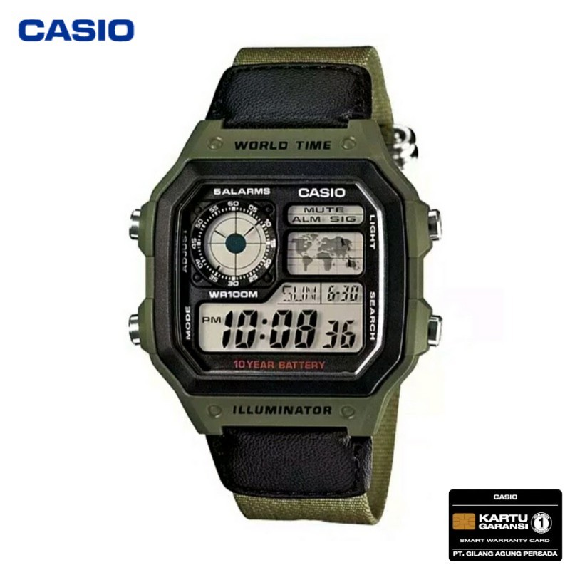 JAM TANGAN CASIO PRIA CASIO AE-1200WHB-3B - AE-1200WHB HIJAU CANVAS CASIO ORIGINAL