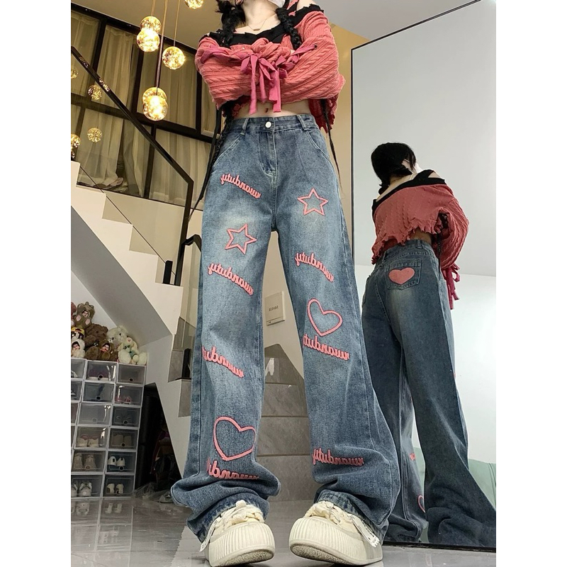 [STARLOVE JEANS ♡] Celana Jeans Wanita Baggy Oversize High waist Bordir Love Bintang Pink Jeans Y2K 