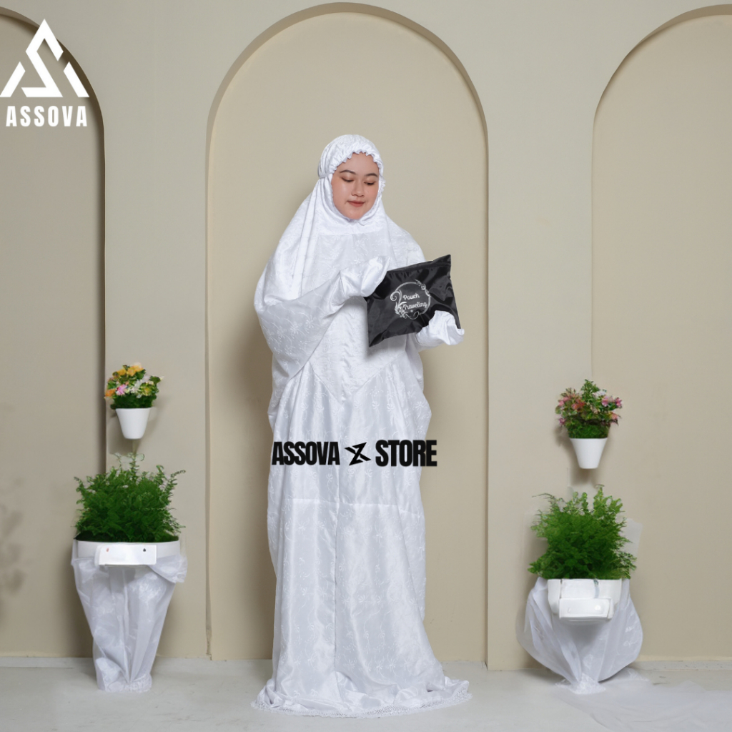 ASSOVA - Mukena Dewasa Terusan Sutra Milo Prada Putih  Premium Mewah