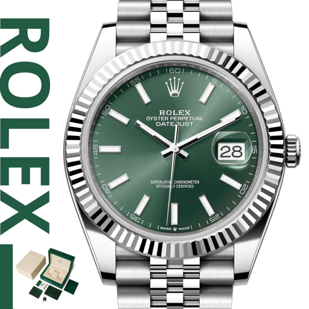 [100% Original ] Rolex Watch Jam Tangan Pria Datejust 41 Stainless Steel - Fluted / Green / Jubilee 