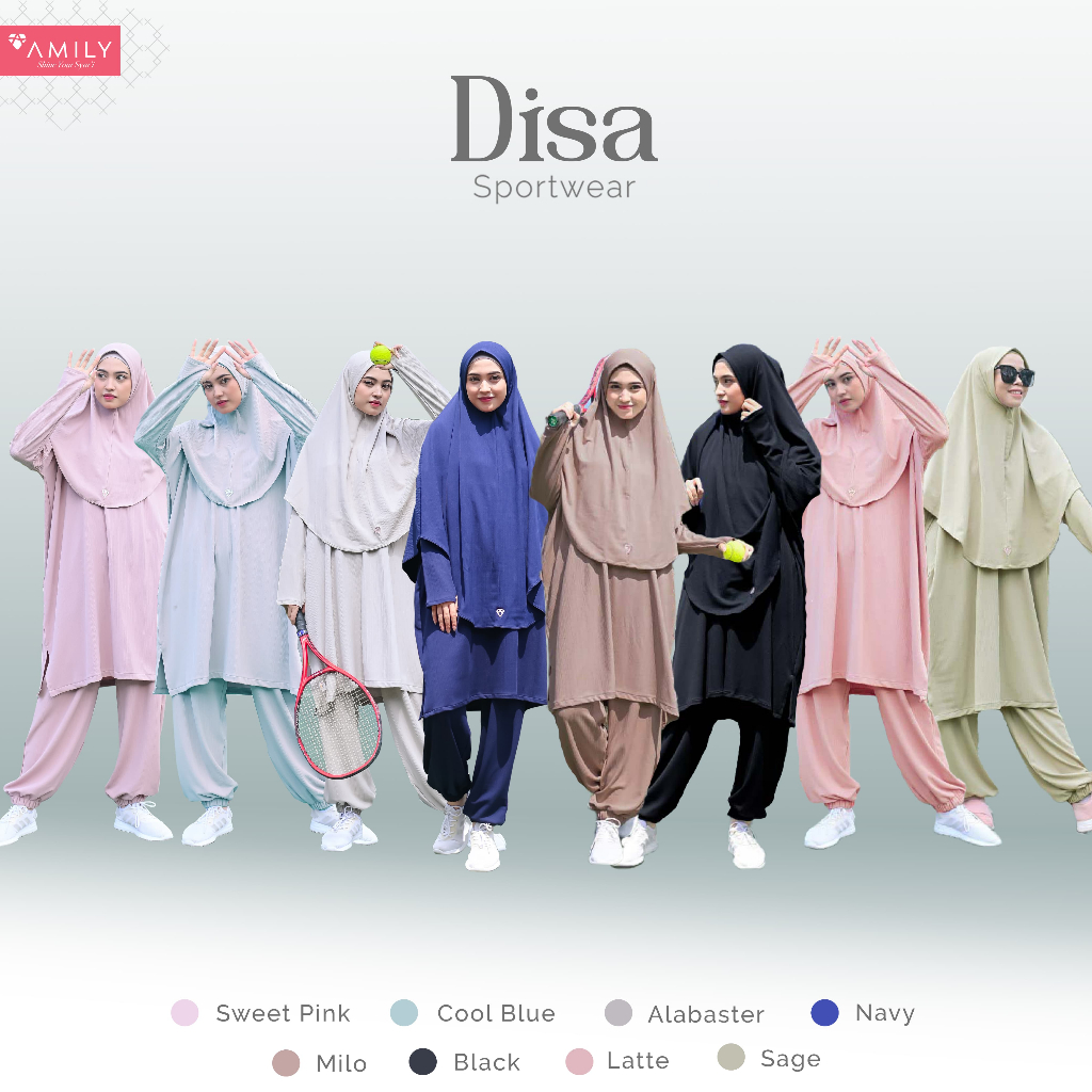 DISA SPORT WEAR AMILY HIJAB TUNIK SET CELANA BAJU OLAHRAGA SYARI BUSANA MUSLIM EXCERCISE WORKOUT JUM