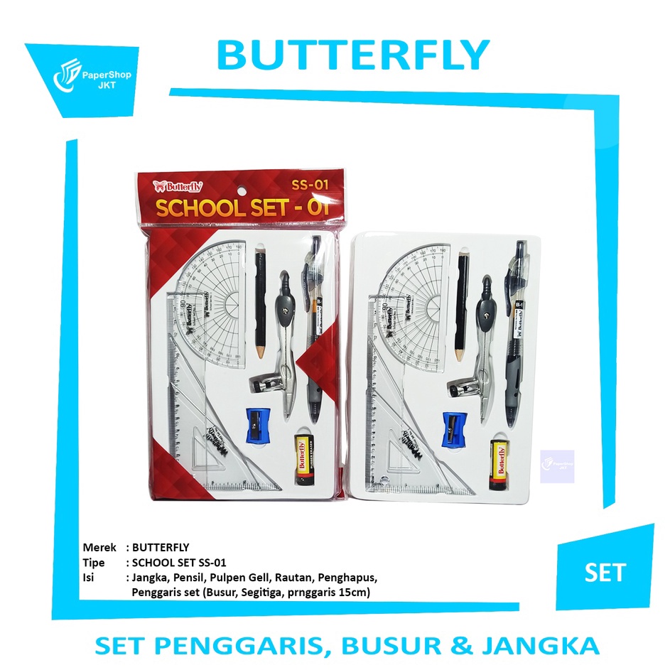 

STOCK TERUPDATE BUTTERFLY Jangka Penggaris Lengkap Plus Pensil Kayu SS 1 Set