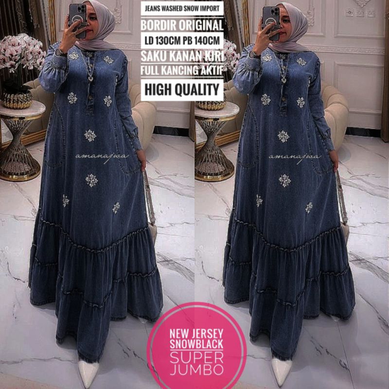 gamis jeans new Jersey  LD 130 bahan jeans washed Premium