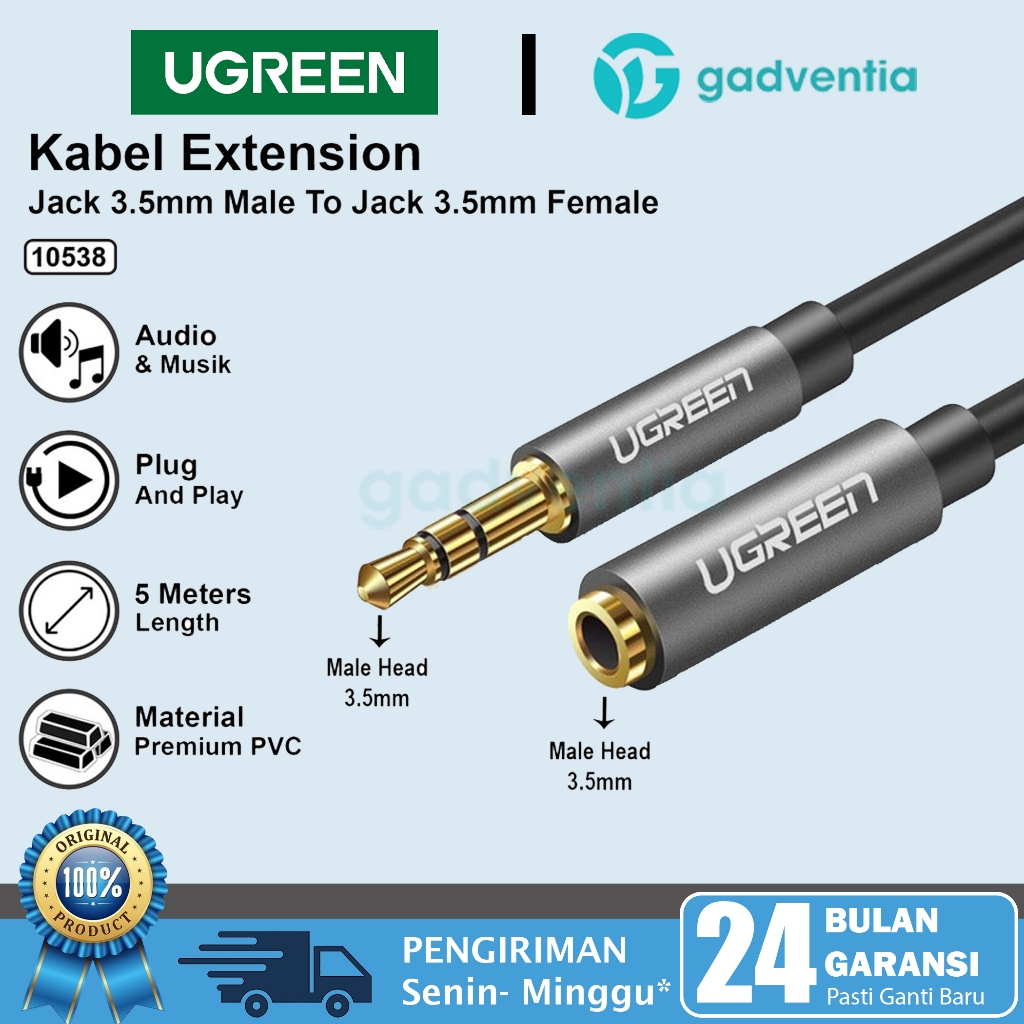 Ugreen Sambungan Kabel Konektor Audio 3.5mm Male Female Extension Aux Jack For Headset Smartphone PC