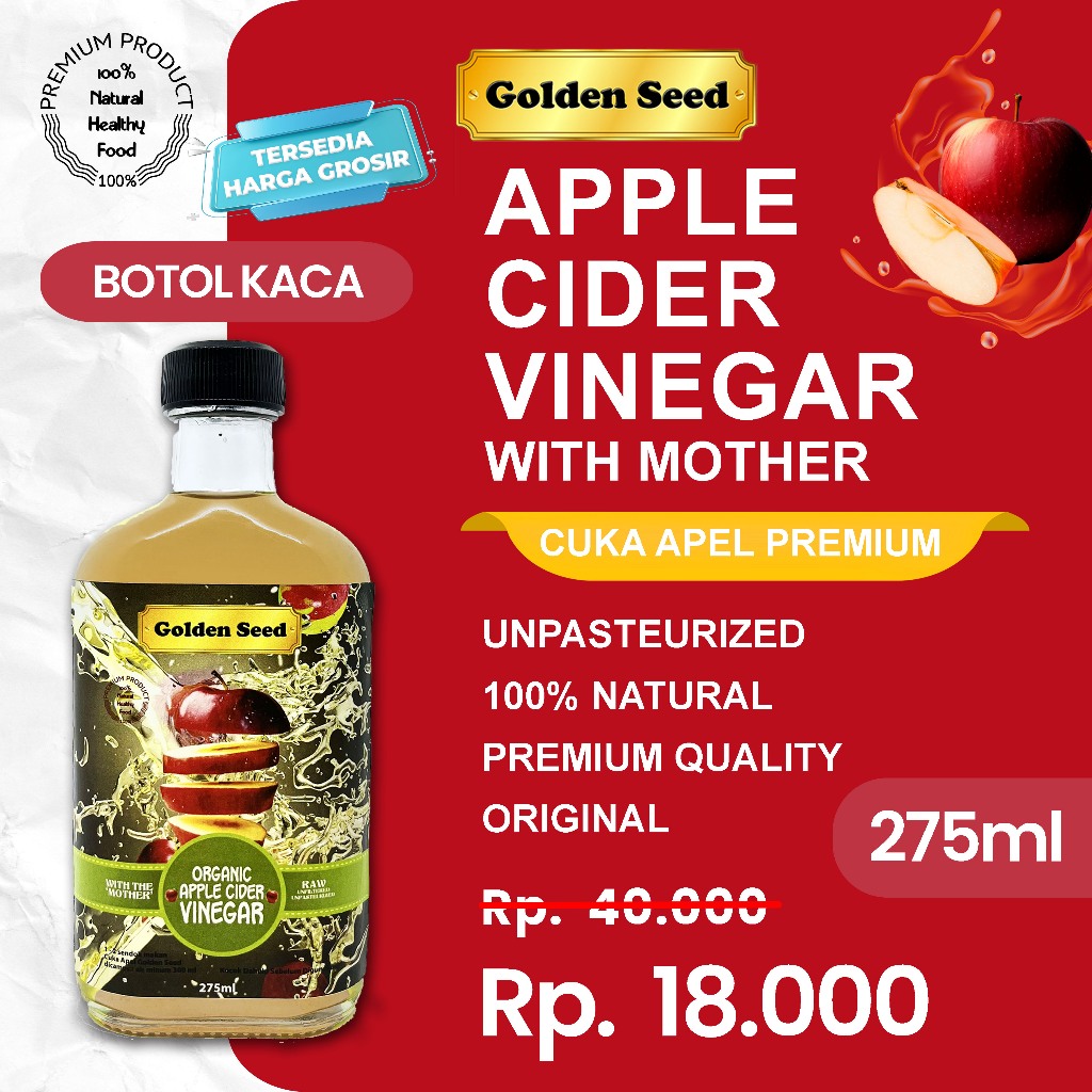 

CUKA APEL GOLDENSEED 275ML / CUKA APEL ORGANIC WITH MOTHER 275 ML/ PREMIUM APPLE CIDER VINEGAR WITH THE MOTHER (BOTOL KACA)