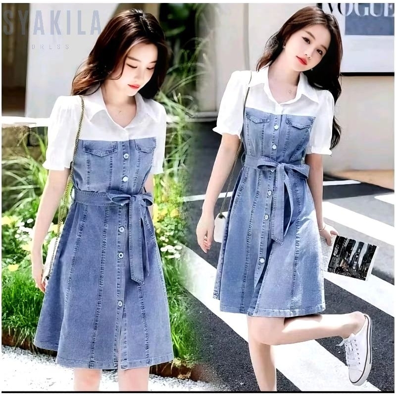 BAHAN PREMIUM / DRESS JEANS WANITA LENGAN PENDEK KOMBINASI KATUN SYAKILLA DRESS