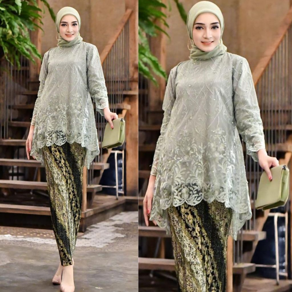 PROMO Kebaya Tulle Azkia Modern/Setelan Kebaya Blouse Tille/Kebaya Wisuda Azkia Warna Sage Green