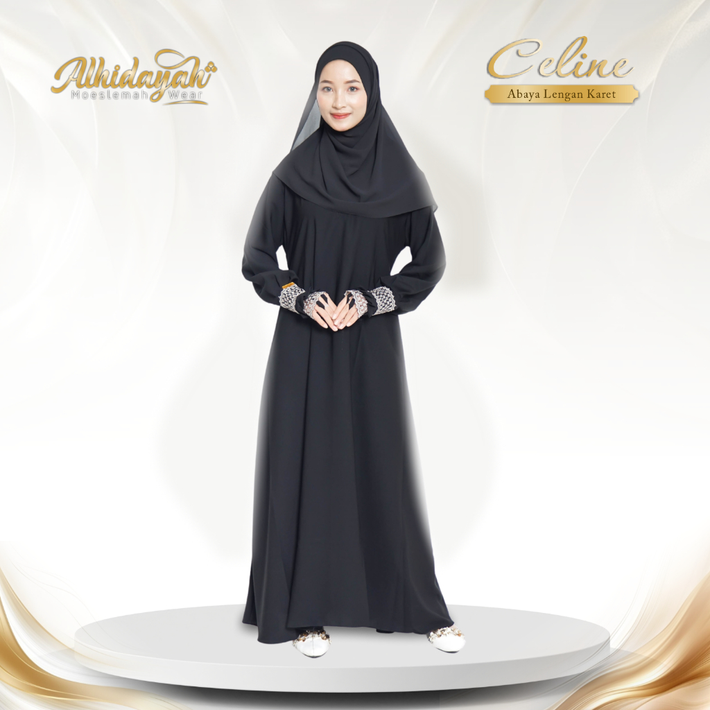 Gamis Abaya Celine Hitam Jetblack Premium Baju Perempuan Lengan Karet Renda Gold Cincin Mewah