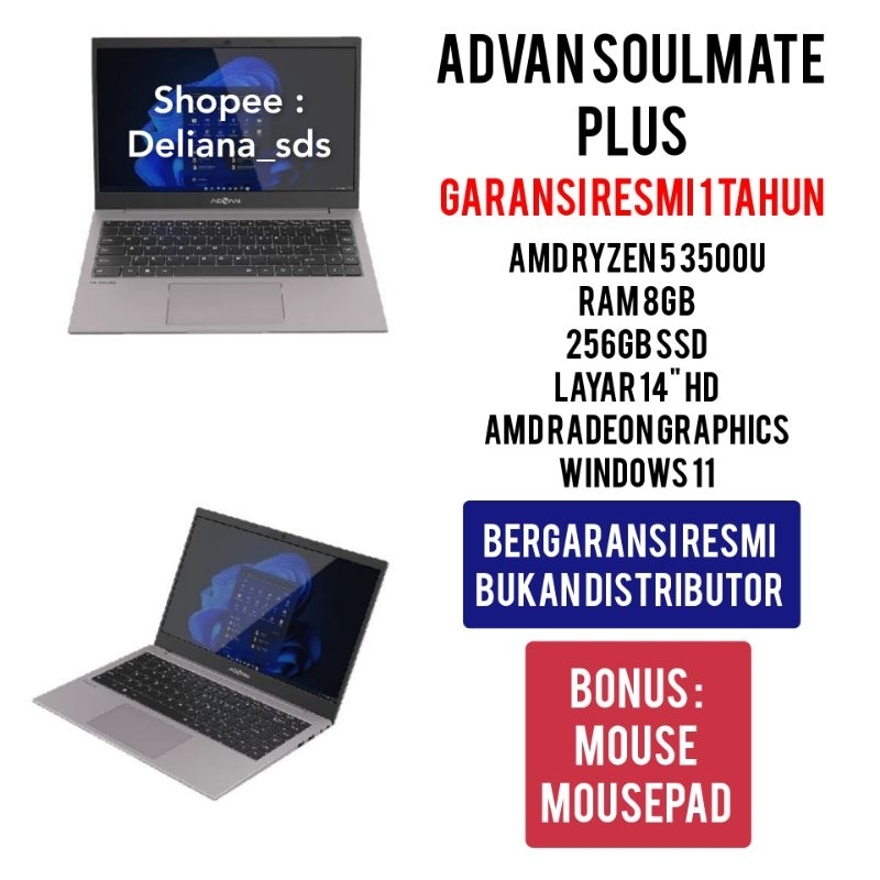Laptop Advan Soulmate Plus Amd Ryzen 5 3500U 8GB/256GB SSD 14" HD Garansi Resmi 1 Tahun Laptop Advan
