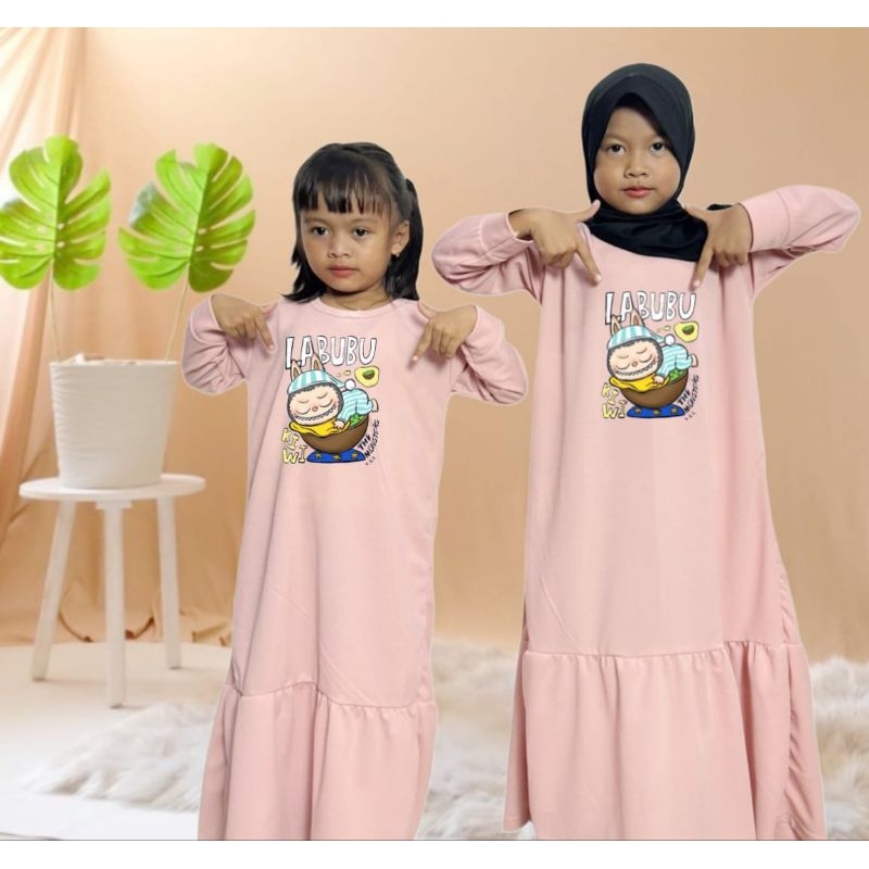 Dres Gamis Muslim Anak Perempuan Motif LABUBU BABY/Fashion Muslim Anak Kekinian